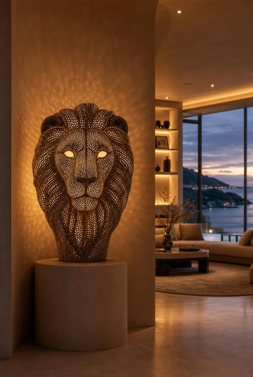 modern lamp sculpture of a lion's head