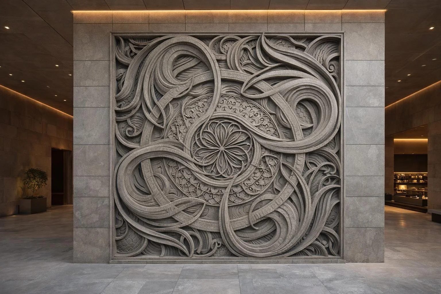 Custom large-scale mandala wall relief stone carved. Solaro Art Collection