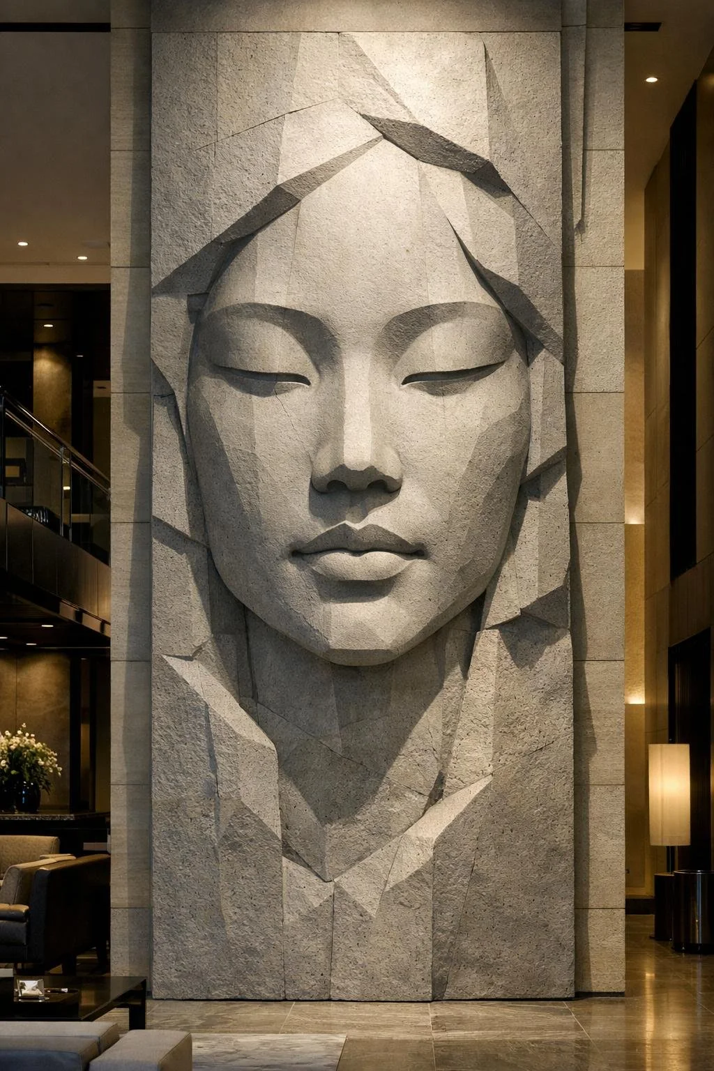 Custom architectural Asian contemporary vertical wall art, this wall sculpture is ideal for lobby or other architectural incorporation. By Solaro Art Collection.