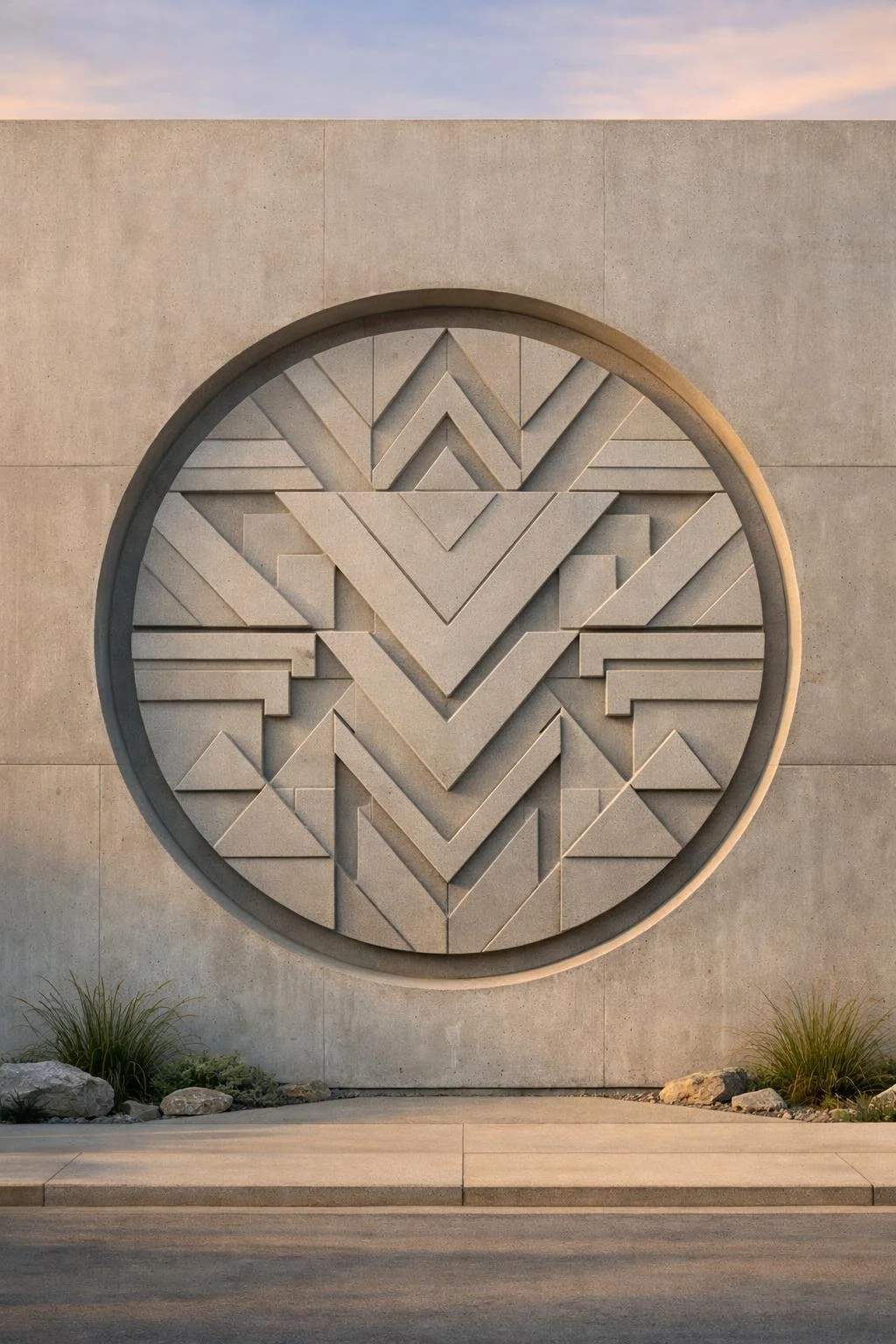 A large, round geometric design featuring layered V shapes and angular patterns.