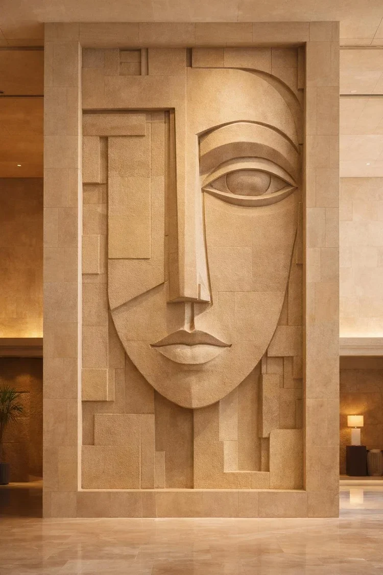 Contemporary architectural wall relief featuring a stylized geometric face in natural stone