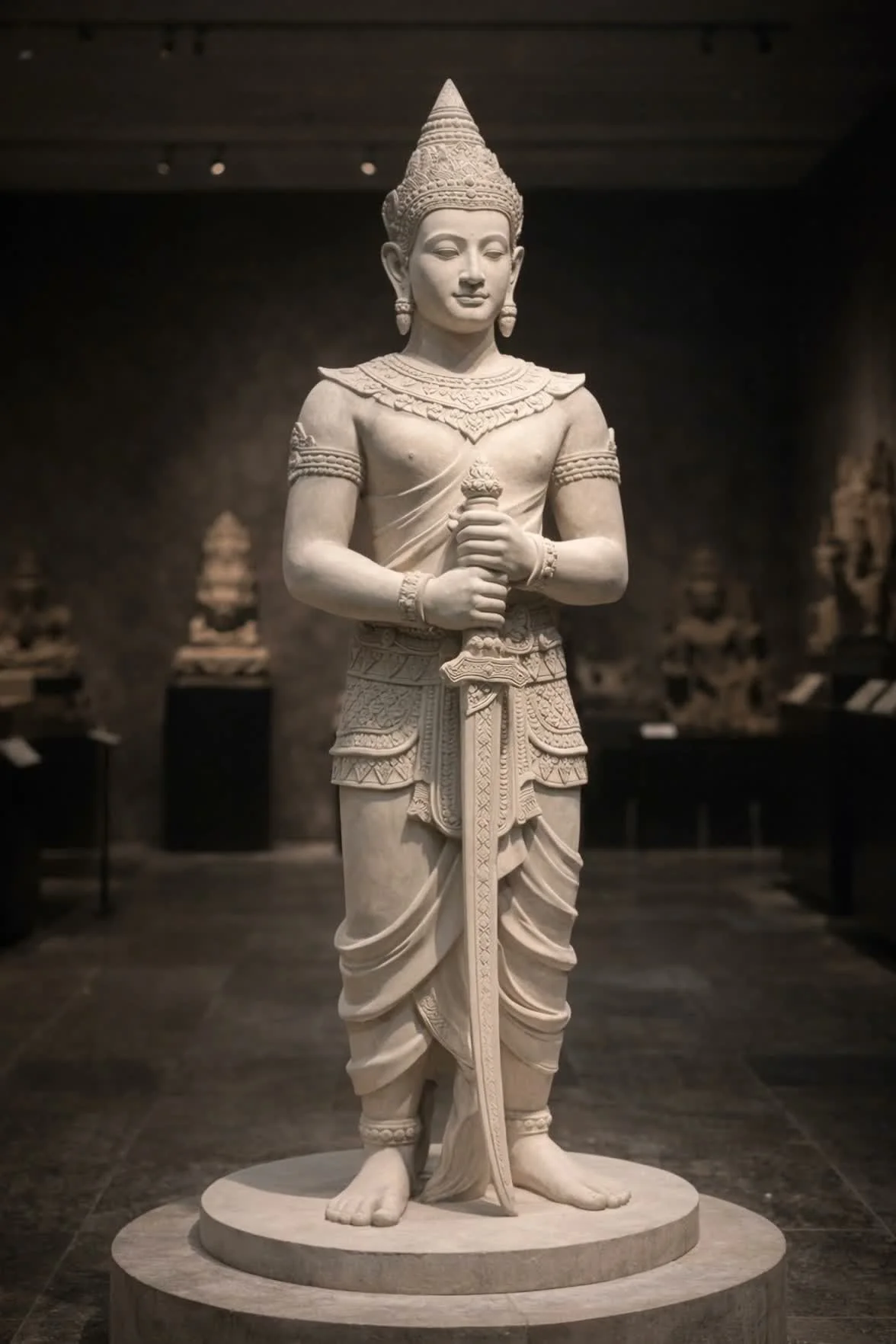 A white stone sculpture of a standing Hindu god or deity, 2 meters height,  holding a sword with both hands, wearing traditional attire and jewelry, in a museum setting. Made to order , unique for you. Solaro Art Collection.