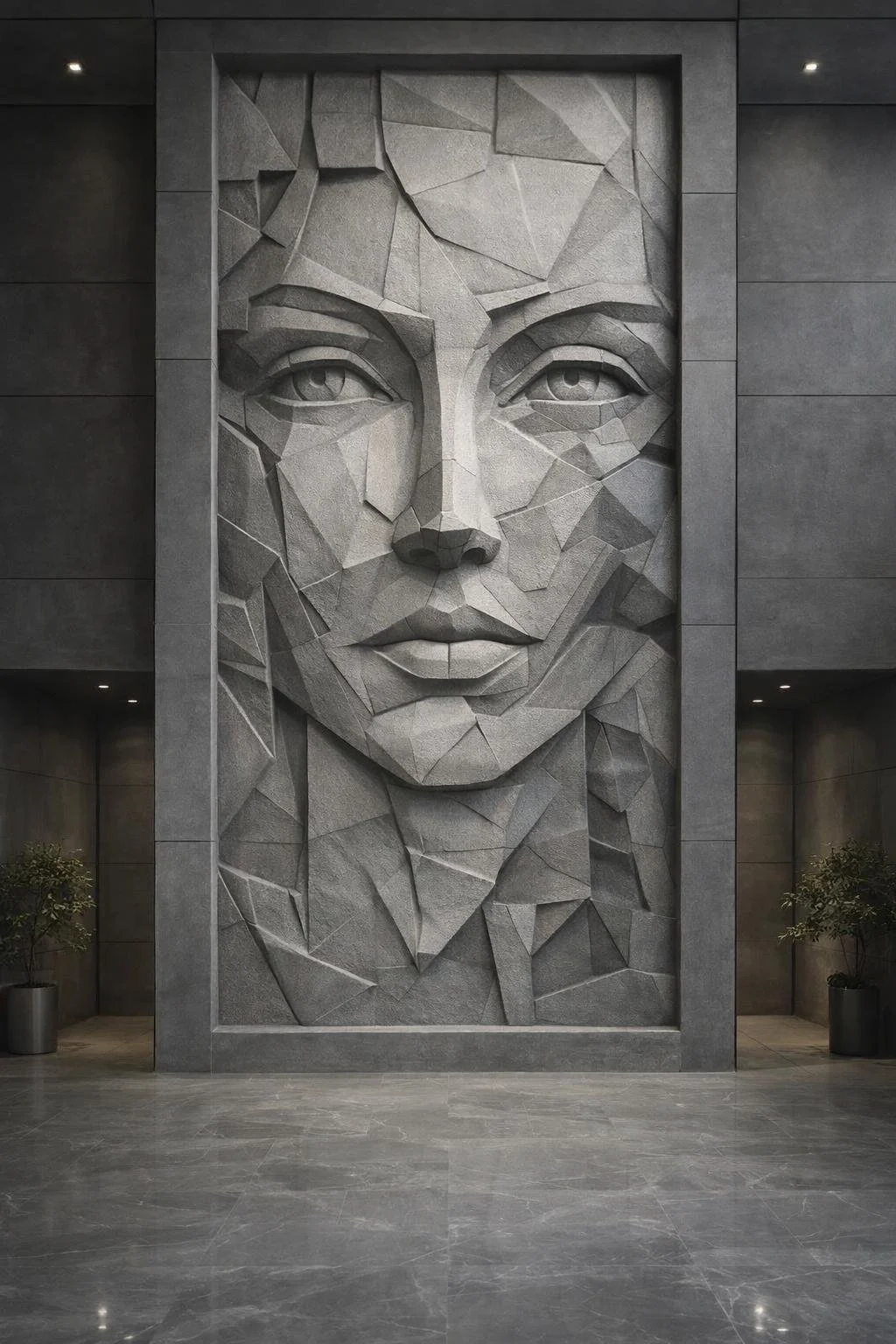Architectural Cubist face wall sculpture for luxury hotels or public spaces. Authentic Angkor Grey Sandstone. Solaro Art Collection