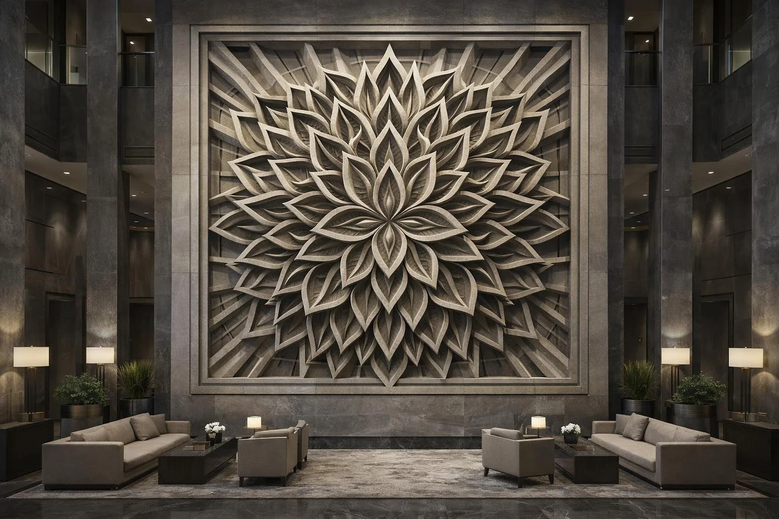 Large scale contemporary mandala sculpture , high-end stone carved sculpture for spas or luxury hotel