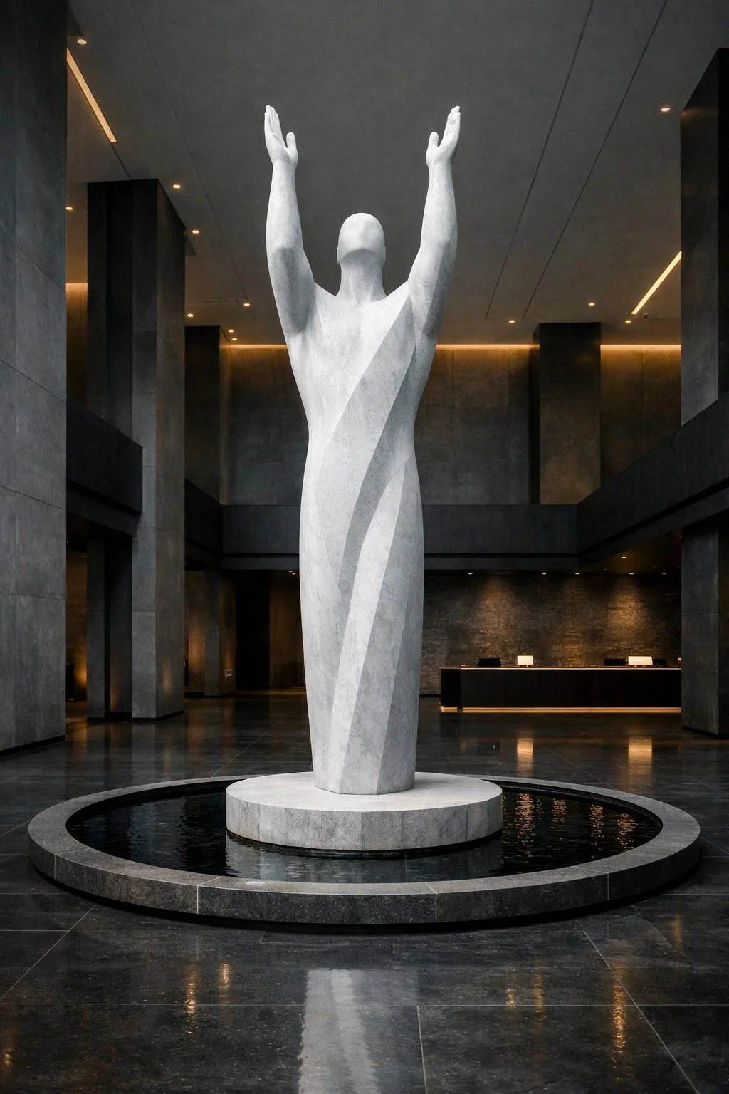 Gigantic white marble statue, seven meters high, depicting a masculine silhouette raising its hands and gaze toward the sky. A powerful expression of gratitude, elevation, and timeless spiritual presence. By Solaro Art Collection