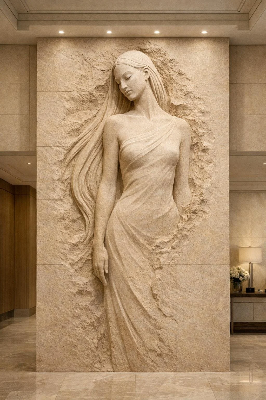 Large-scale contemporary stone-carved wall relief, modern female silhouette. Unique masterpiece by Solaro Art Collection