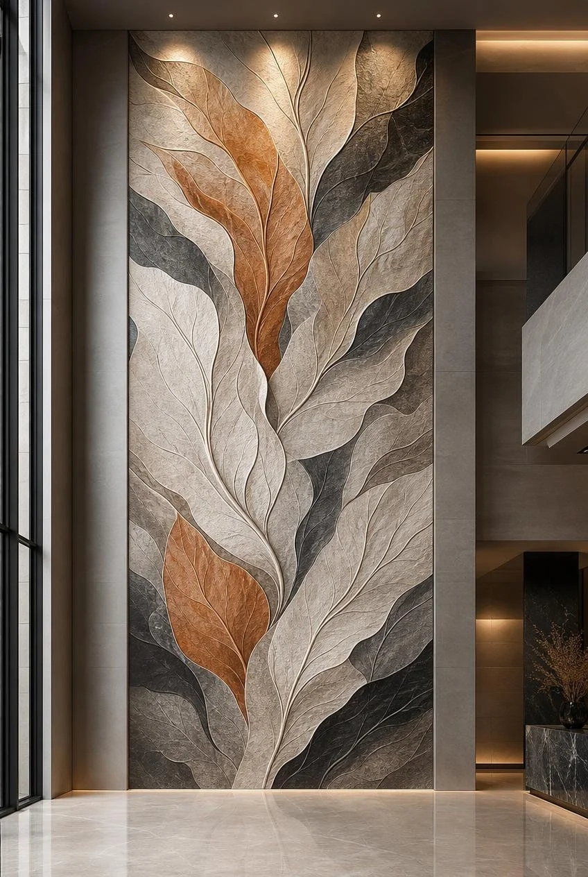 Large botanical , organic wall art relief  inside a luxury villa