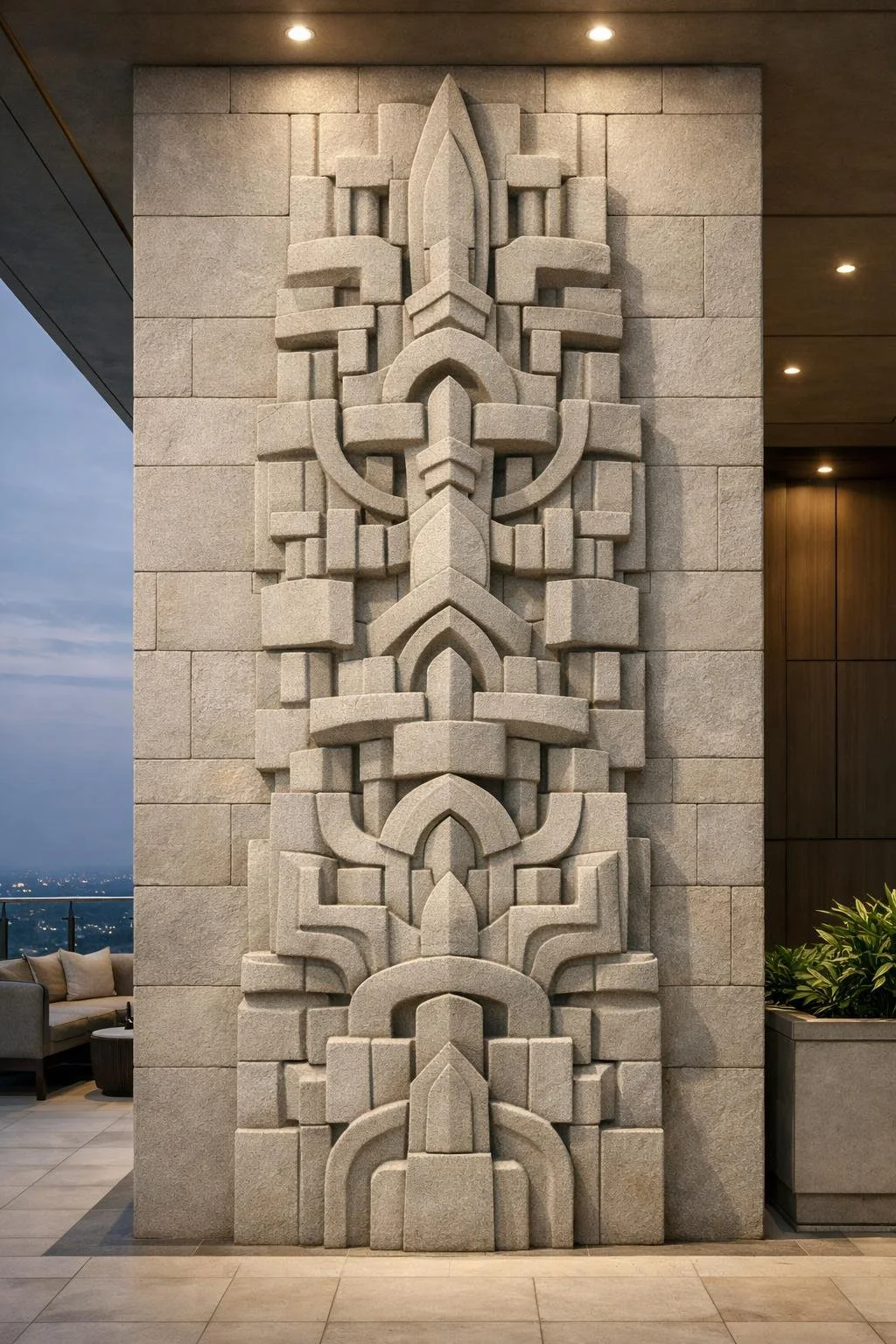 Large-scale vertical wall sculpture, deep relief, various materials available. Ideal for luxury integrations. Solaro Art Collection.