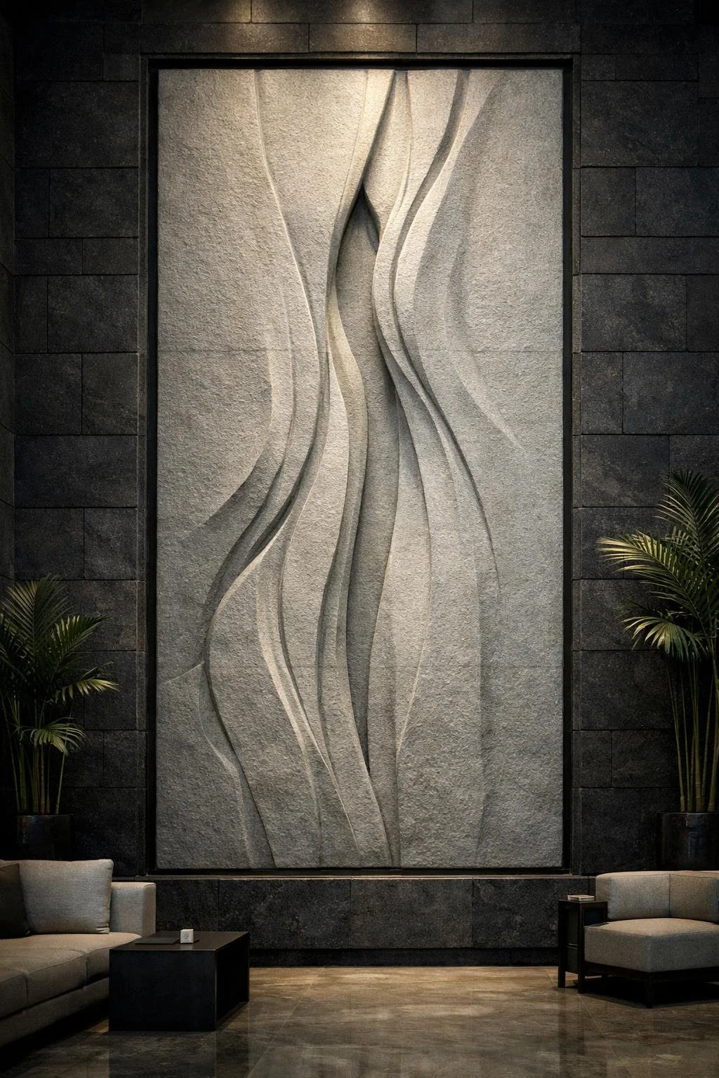 Custom monumental vertical wall sculpture, 4 meters high and 1.5 meters wide, featuring ultra-modern abstract design with two vertical flowing energies carved in deep stone relief. Ideal for lobby. By Solaro Art collection