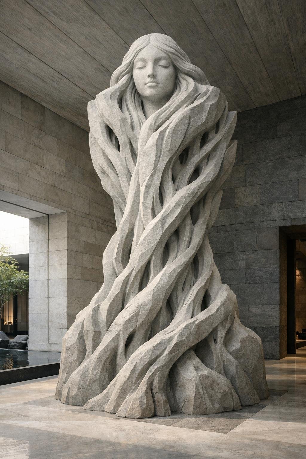 Custom monumental abstract grey stone statue, feminine figure and branches. Perfect for luxury architectural incorporations. By Solaro Art Collection.