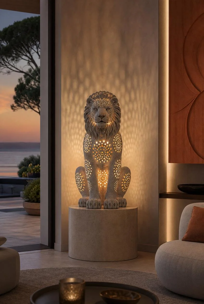 Stone carved lamp sculpture of a seated lion