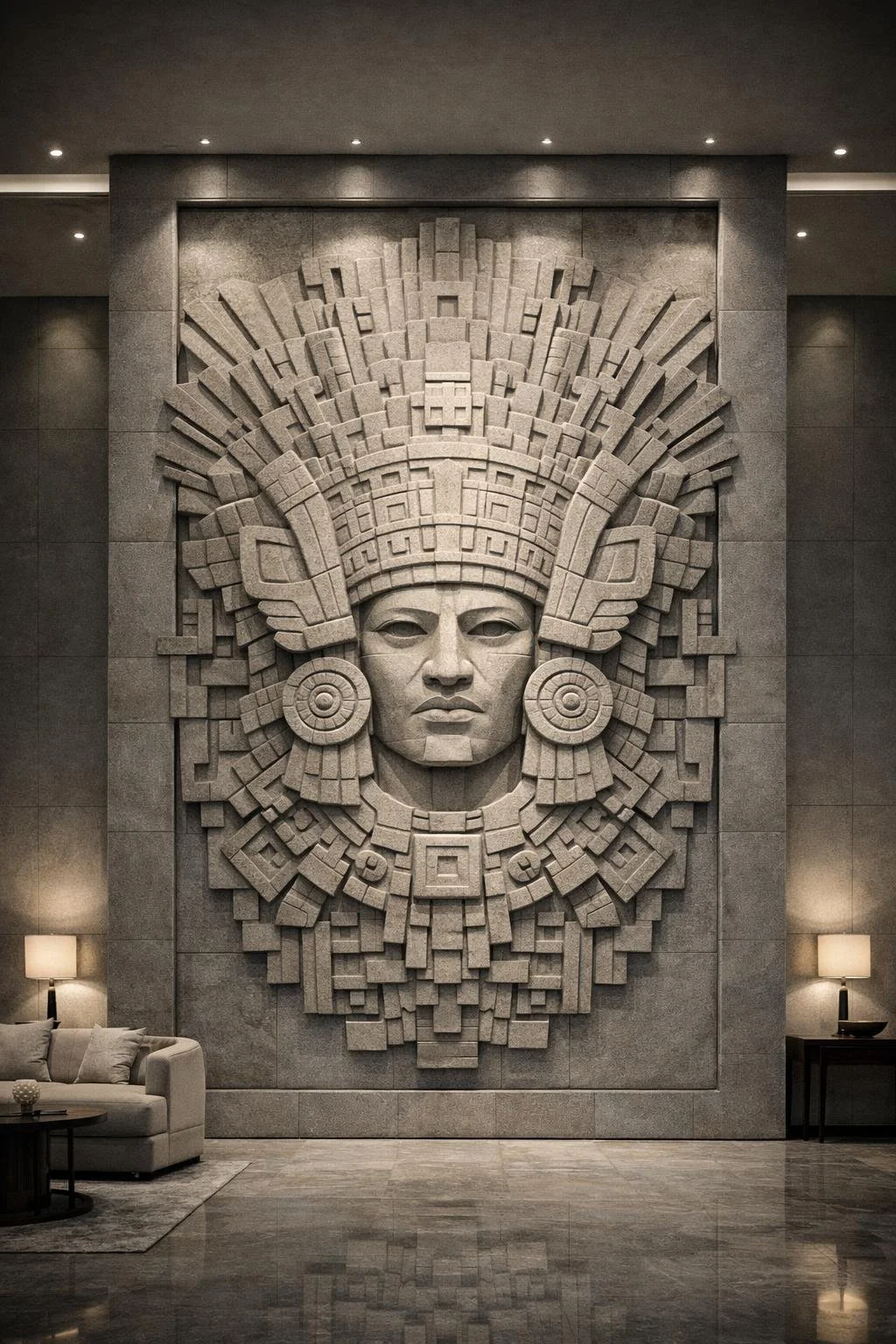 Monumental Mayan inspired modern stone wall sculpture. Unique piece, Solaro Art Collection