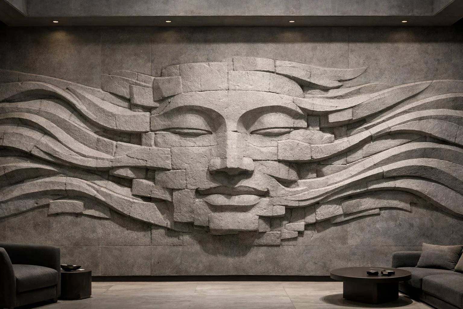 Monumental scluptural feature horizontal wall art , abstract face. By Solaro Art Collection