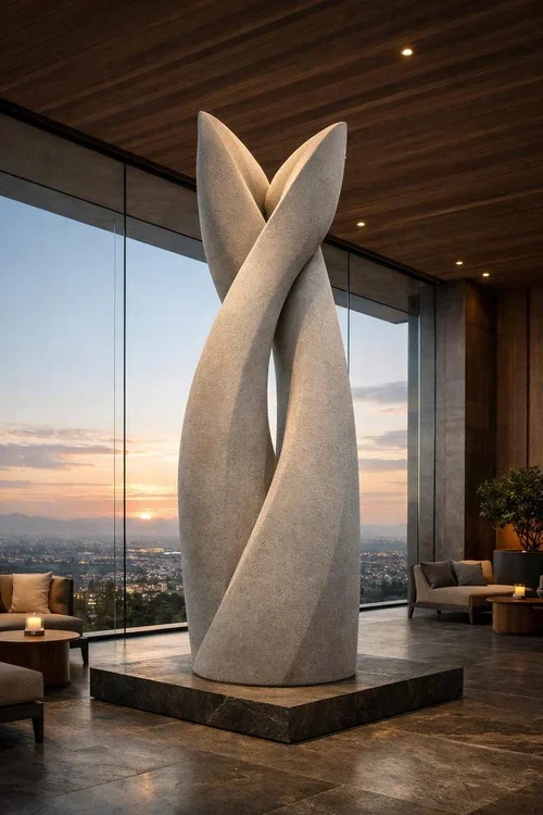 Abstract twisting stone sculpture with a vertical ribbed texture for luxury interiors or hig-en lounge