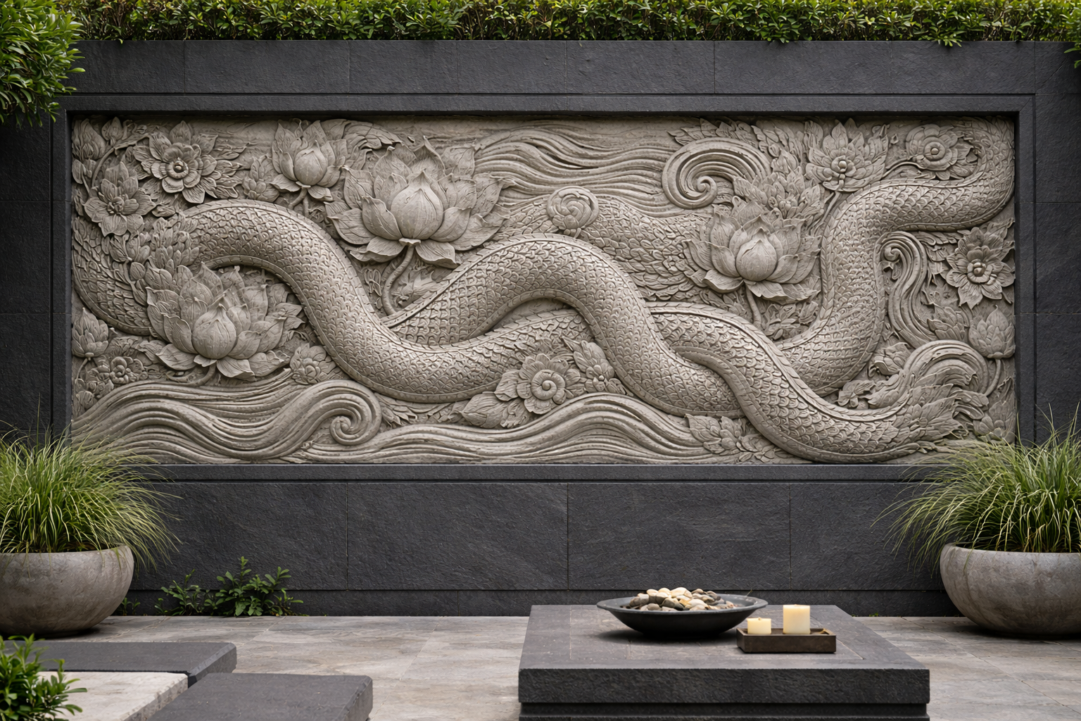 Monumental horizontal wall sculpture with serpent tails. By Solaro Art Collection