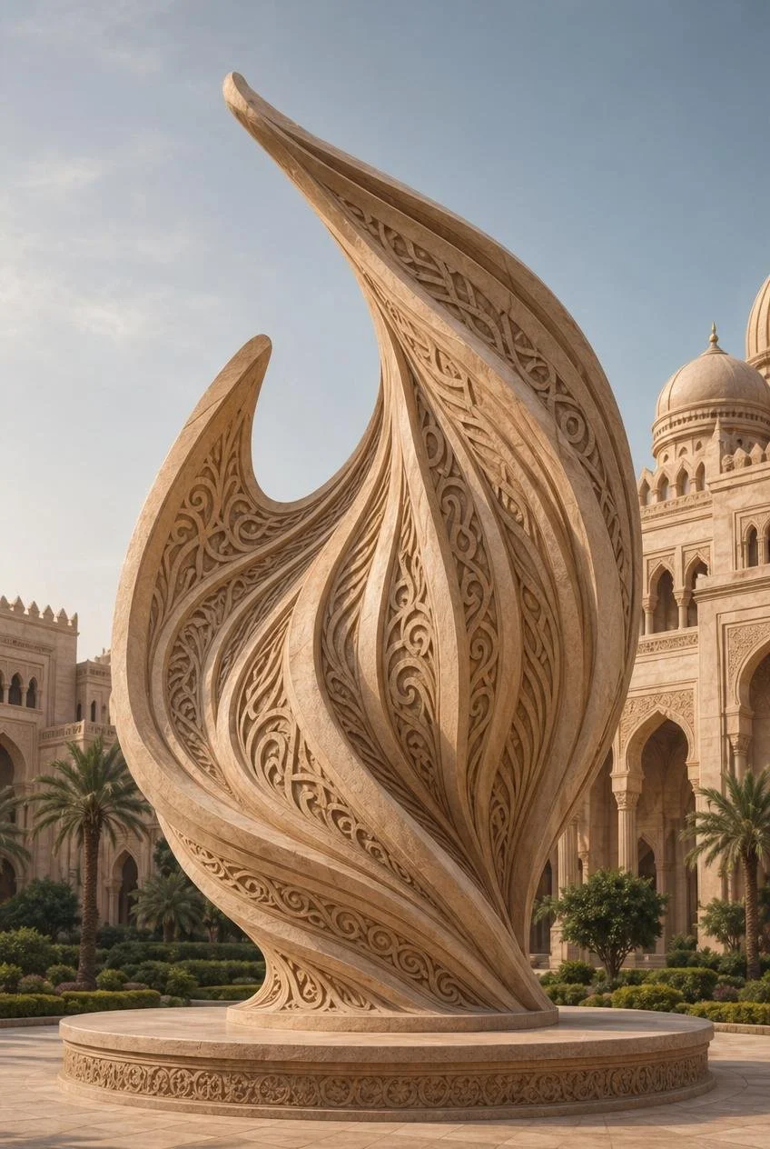 AMiddle-Eastern sandstone  sculpture resembling a flame with arabesque patterns, set in a courtyard with palm trees and an ornate palace in the background.