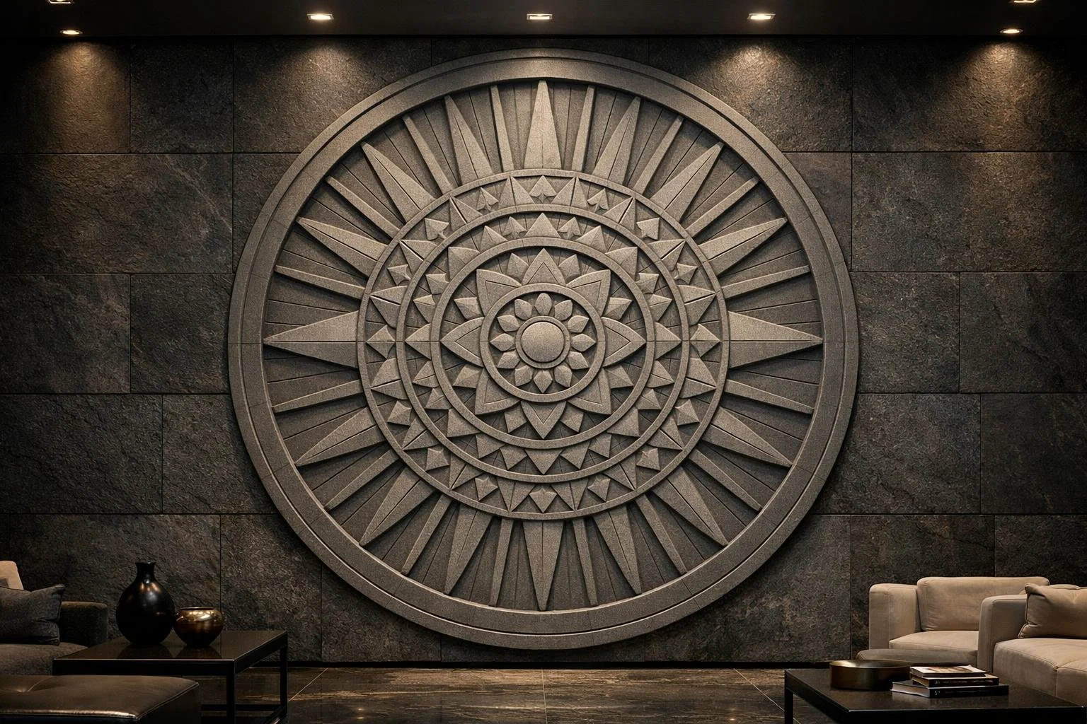 Large circular mandala wall sculpture. Stone-carved. Ideal for luxury hotels or public spaces. Solaro Art Collection