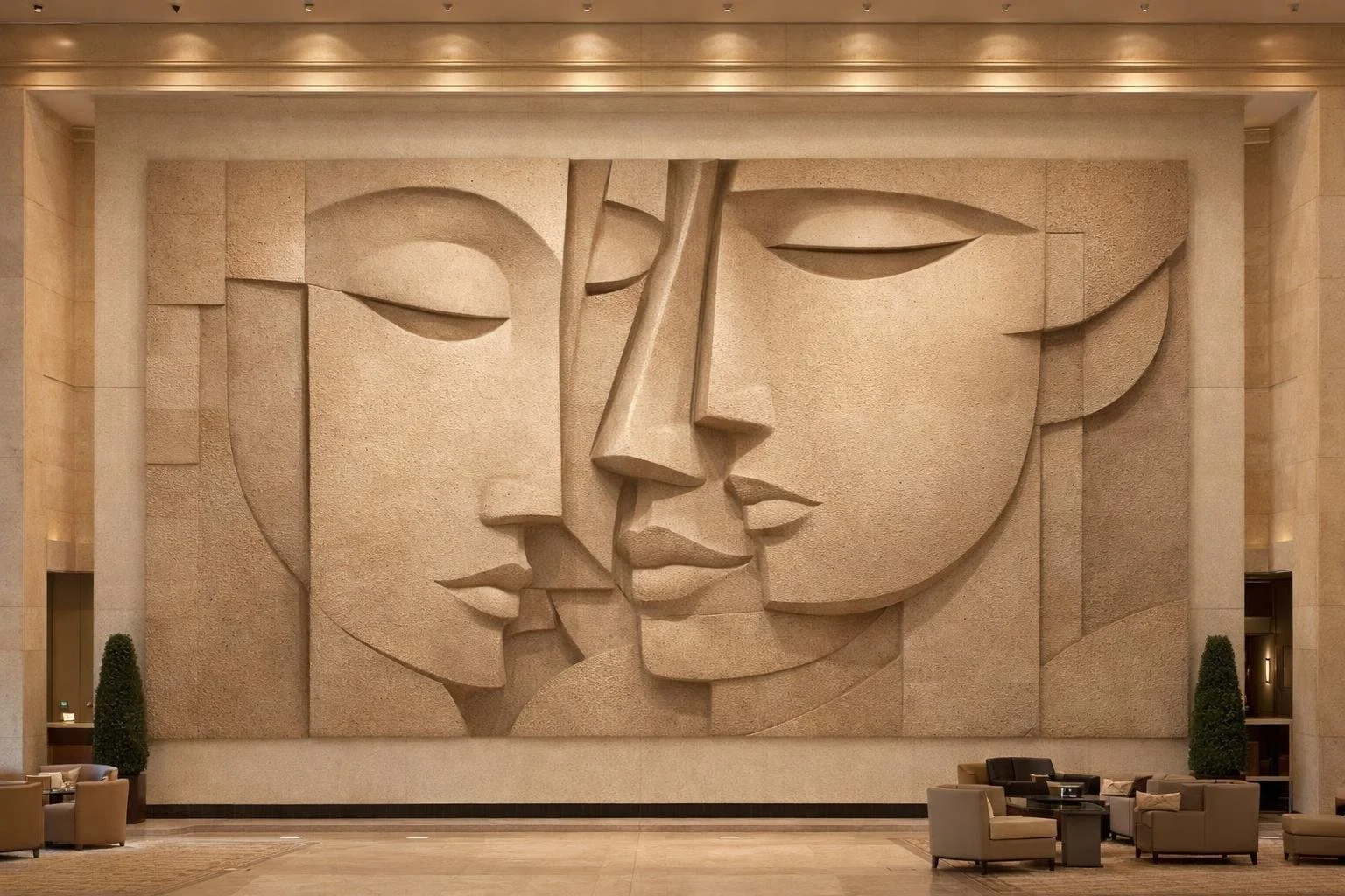 Giant modern and abstract faces wall sculpure. Horizontal deep relief made to order. Solaro Art Collection
