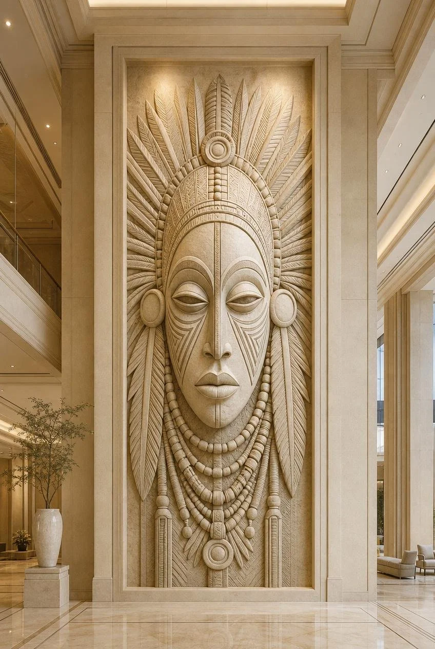 Large-Scale stone carved african mask wall relief in a luxury hotel lobby