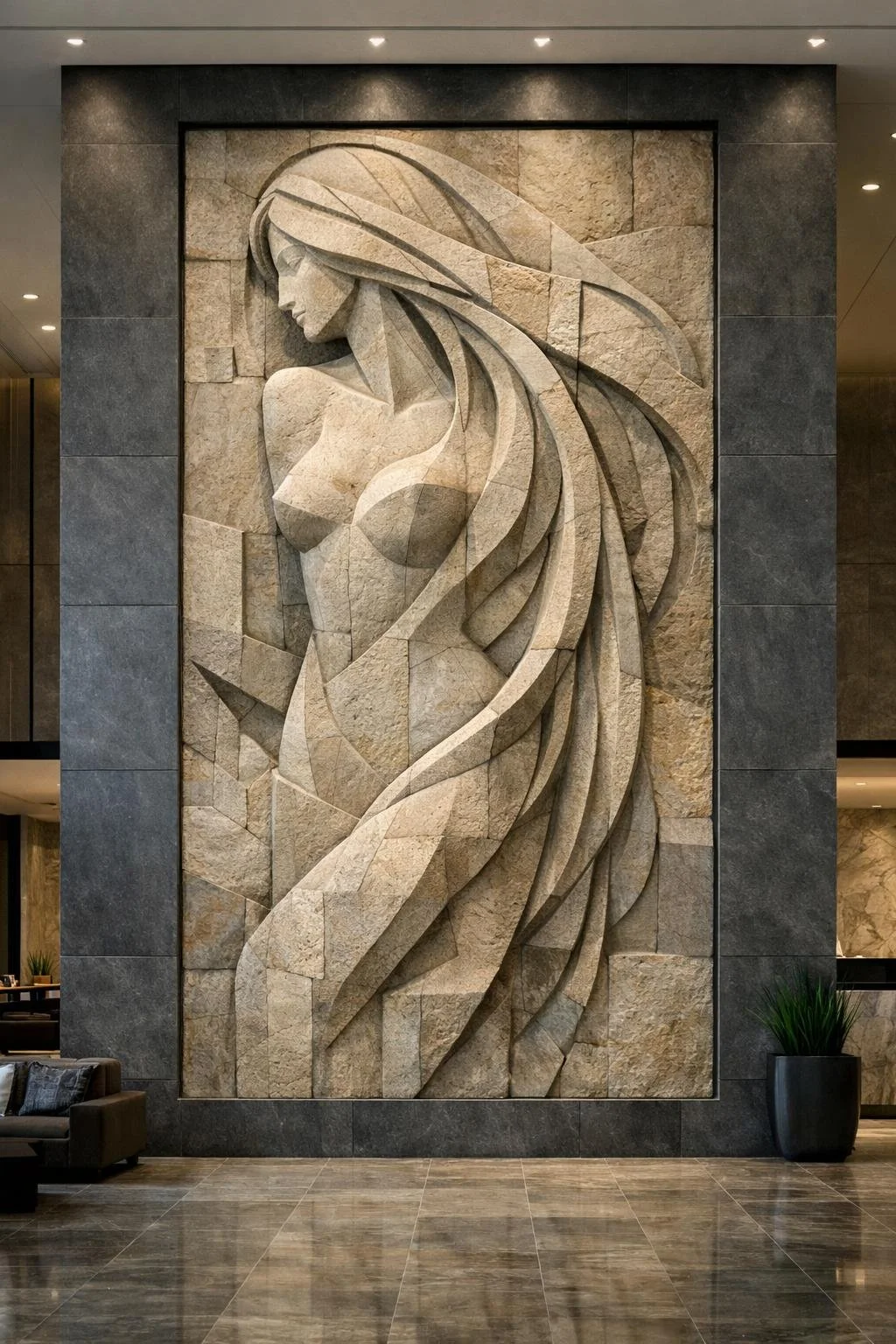 Grand-scale cubistfemale silhouette wall relief in natural stone. Solaro Art Collection
