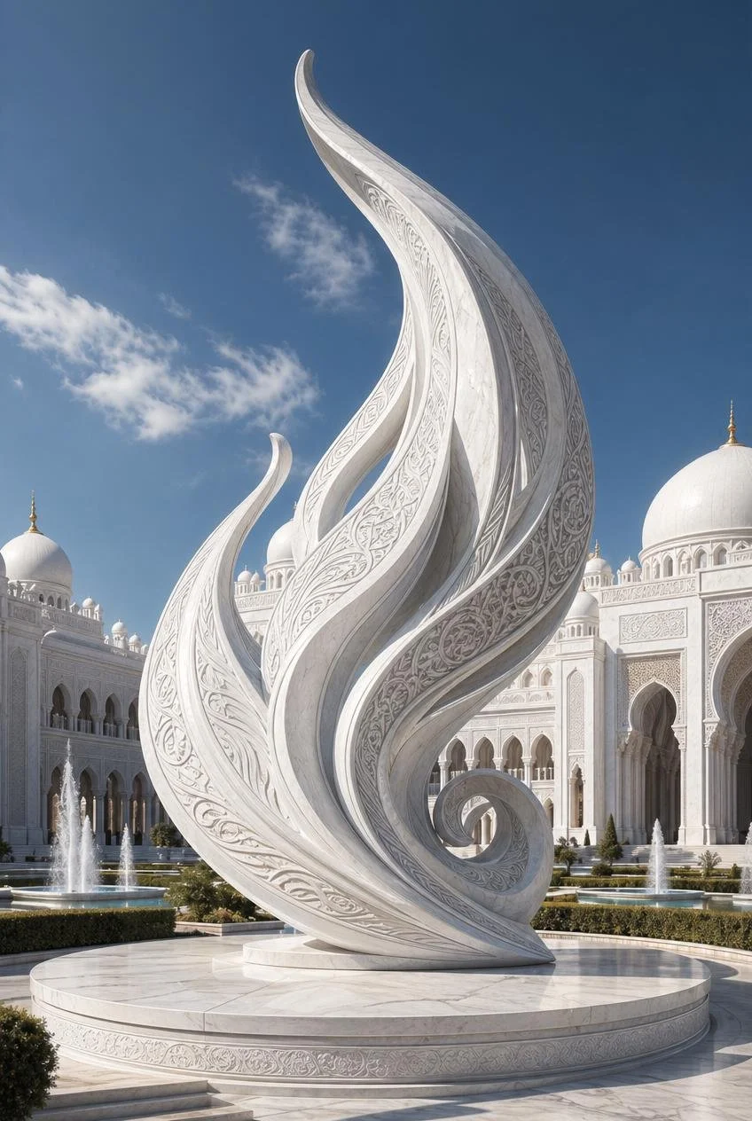 White marble sculpture resembling flames or leaves in front of a white Islamic-style building with domes and arches, with water fountains and a blue sky in the background.