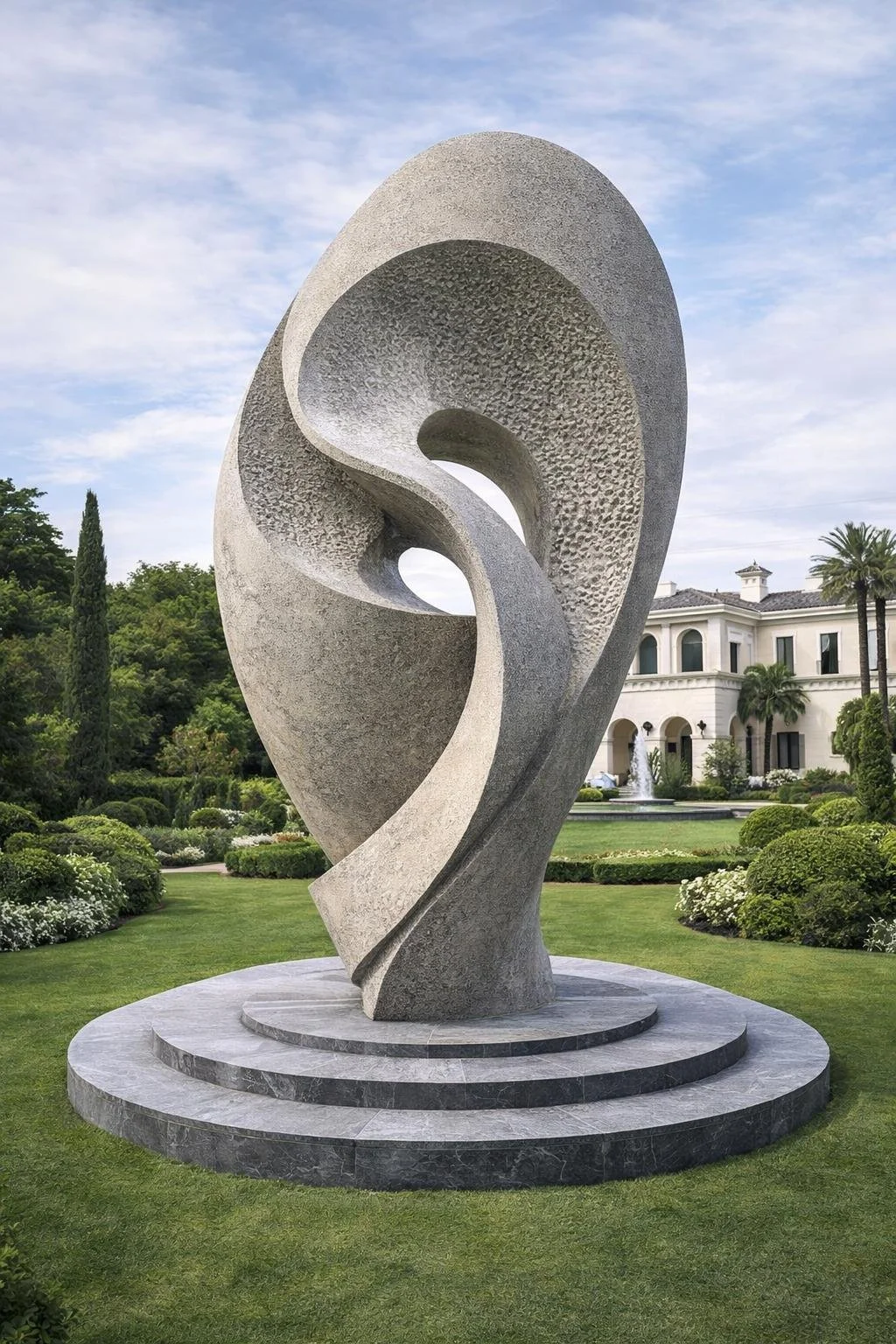 Unique monumental modern outdoor sculpture in grey marble. Solaro Art Collection