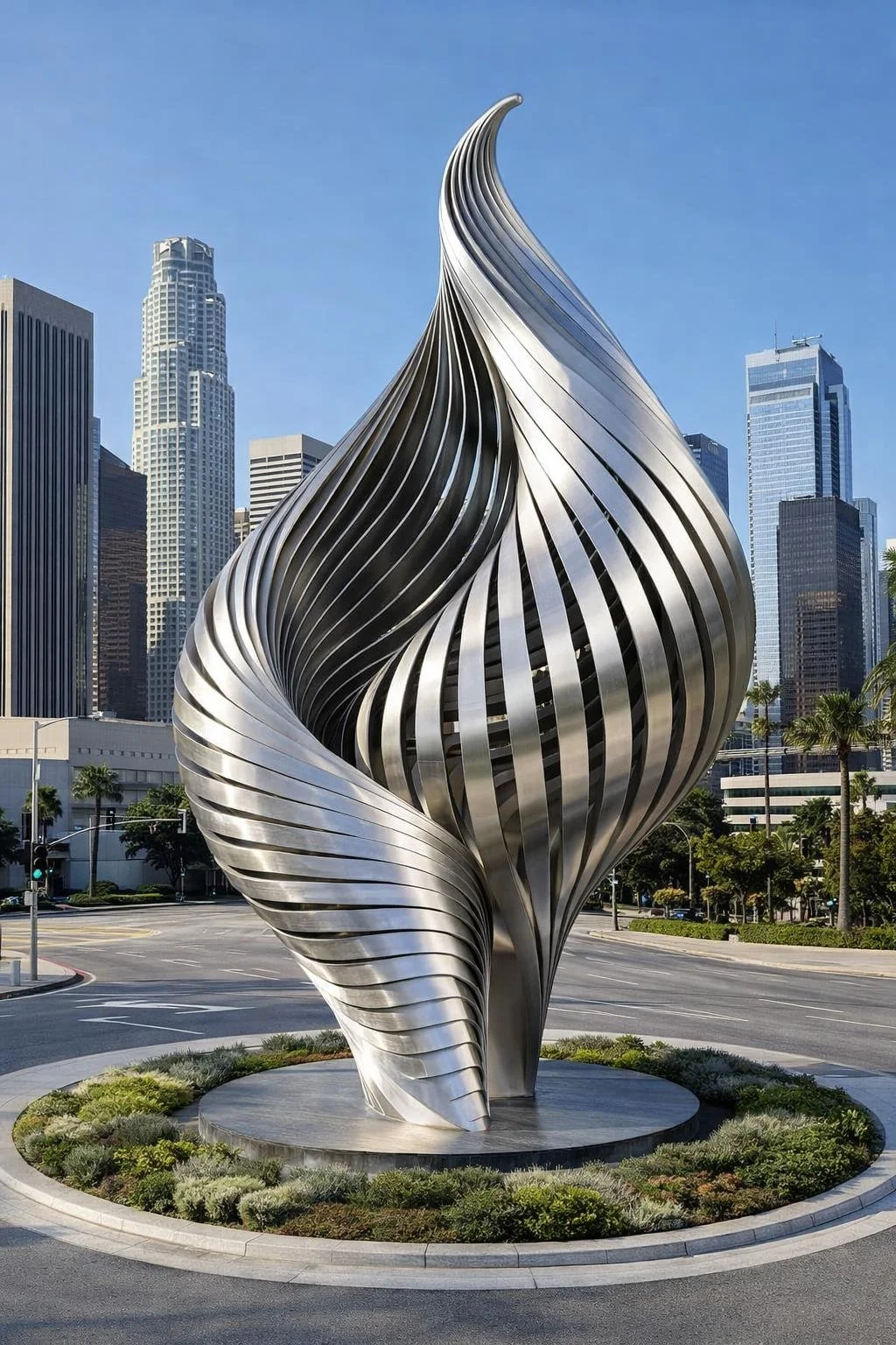 A modern, abstract stainless steel sculpture with swirling, twisting ribbons, set on a circular landscaped base in an urban plaza with tall skyscrapers in the background.