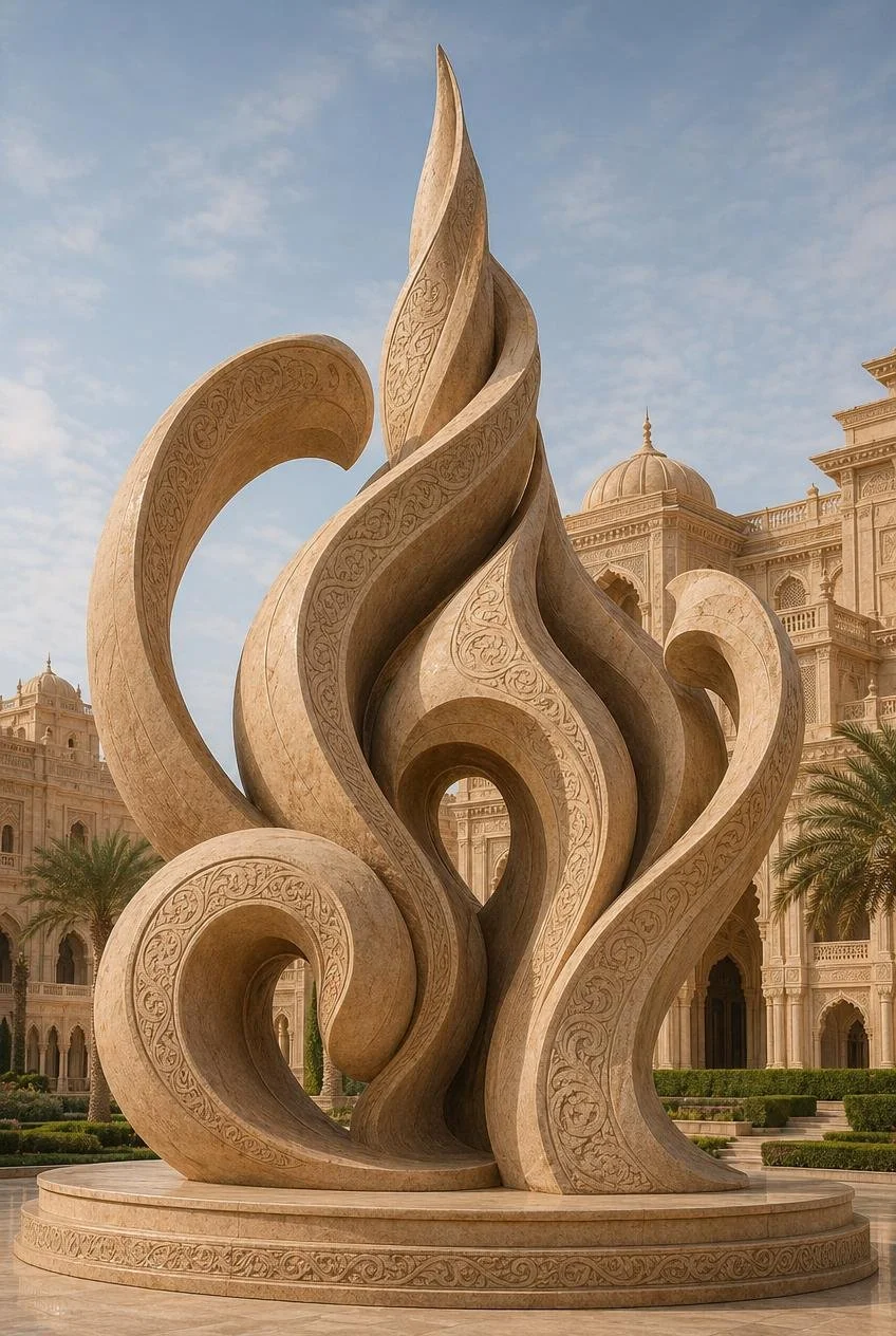 A large intricate beige sculpture with swirling, flame-like shapes, set outdoors with a palace-like building and palm trees in the background.