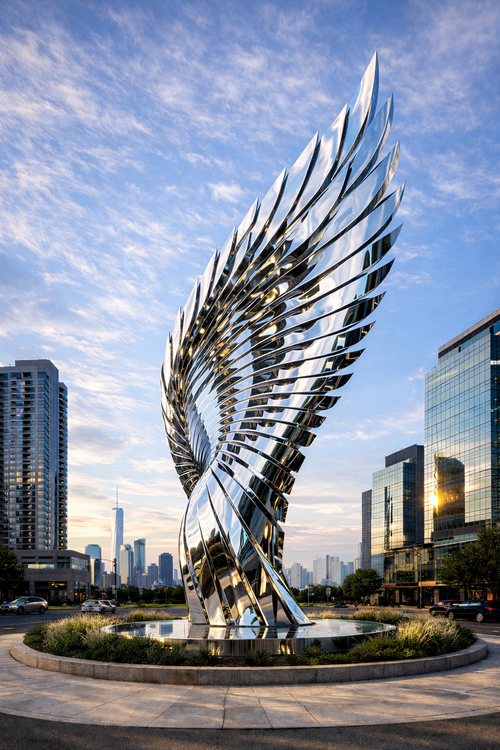 XXXL oversize metal sculpture of an abstract wing, perfect for urban porjects. Solaro Art Collection
