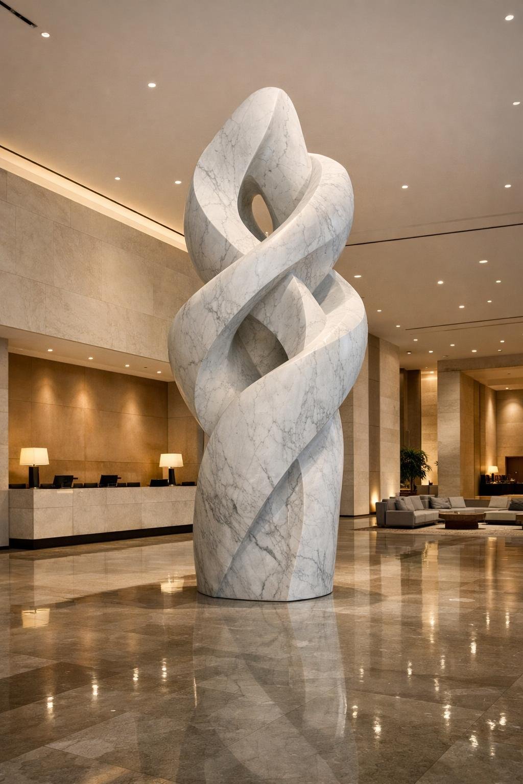 Custom monumental white marble statue, contemporary and abstract style, ideal for hotel or other architectural incorporation. By Solaro Art Collection.
