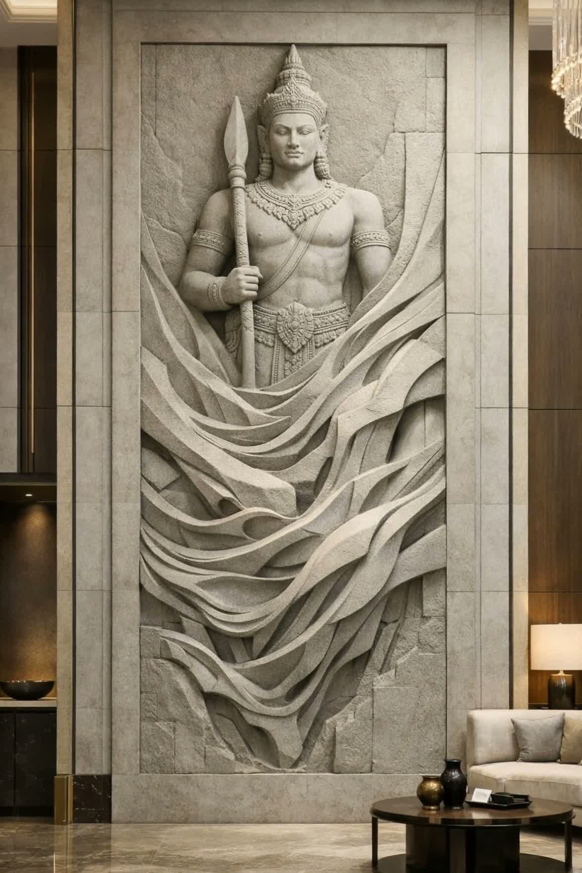 Large stone wall carving of a Hindu deity, possibly Lord Rama, holding a spear, with detailed jewelry and a crown, set in an indoor space with modern furniture.