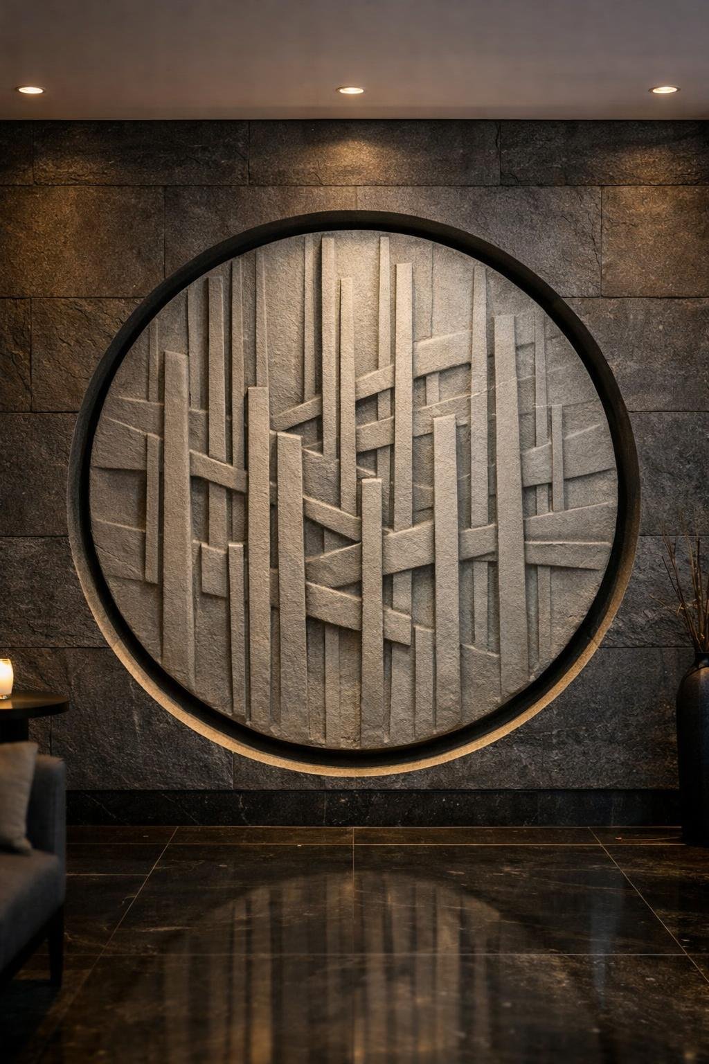 Monumental circular wall sculpture integrated directly into the architecture, defined by layered vertical stone elements. Hyper-modern and sculptural, it brings rhythm, depth, and a strong contemporary identity to a luxury lobby space. By Solaro Art