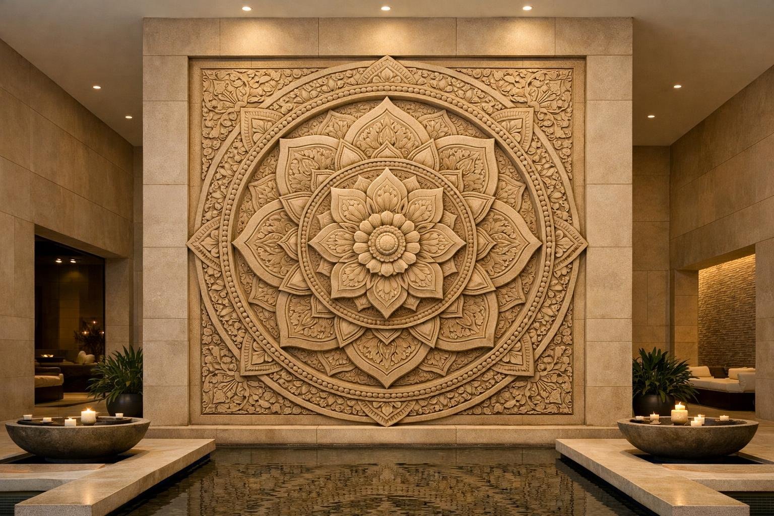 Large-scale mandala wall sculpture in sandston, perfect for spas or luxury spaces, solaro art collection