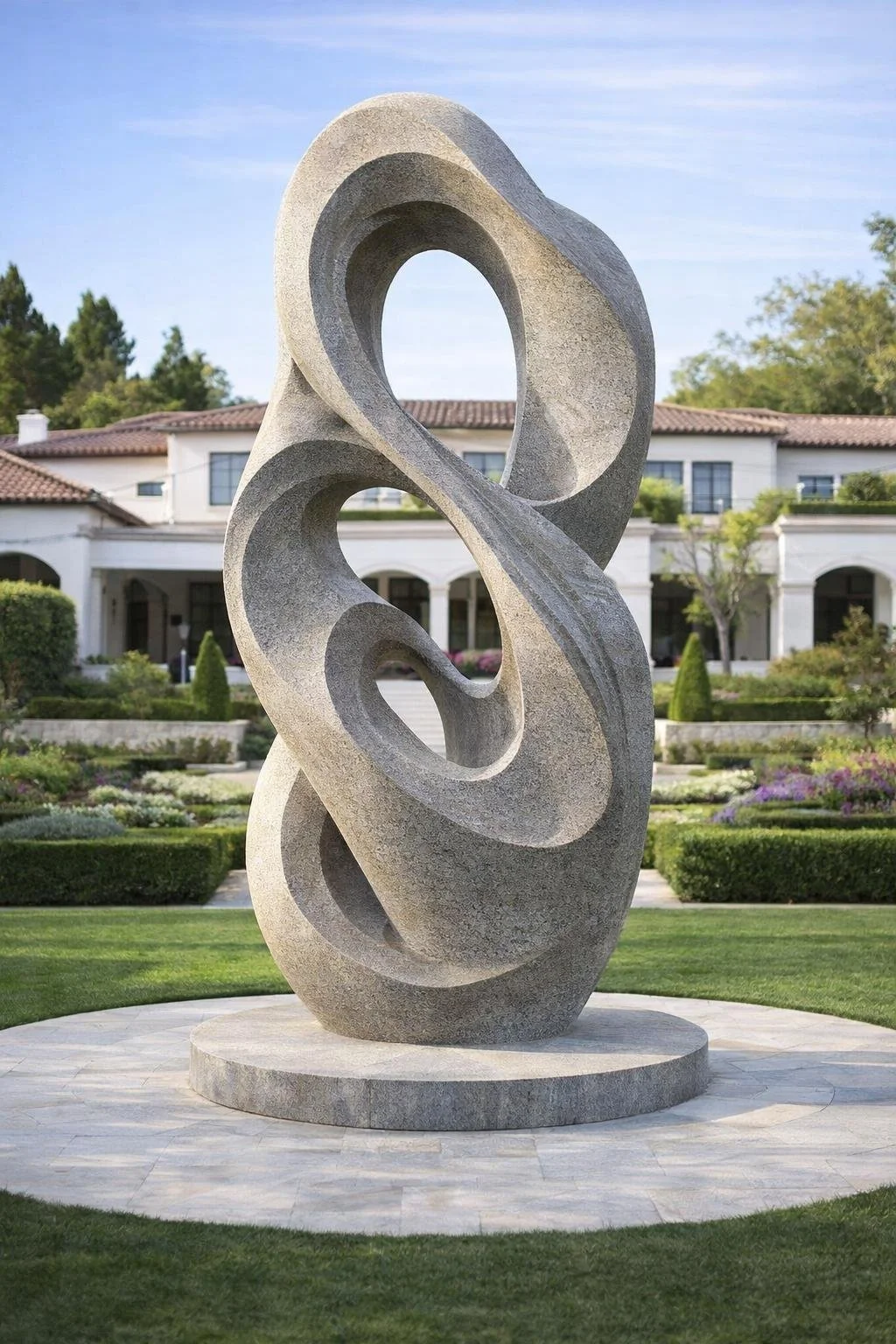 Large-scale Elliptical Abstract Outdoor Sculpture, grey sandstone. Unique Artwork by Solaro Art Collection