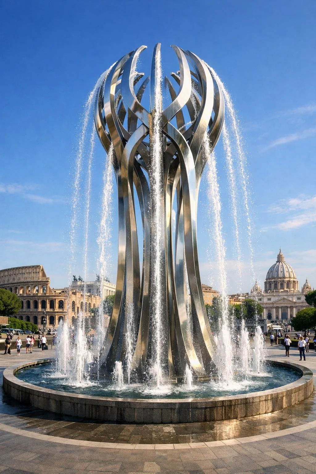 Modern metal fountain with multiple curved steel arms, water cascading from the top, in a city square with historic buildings and a clear blue sky.