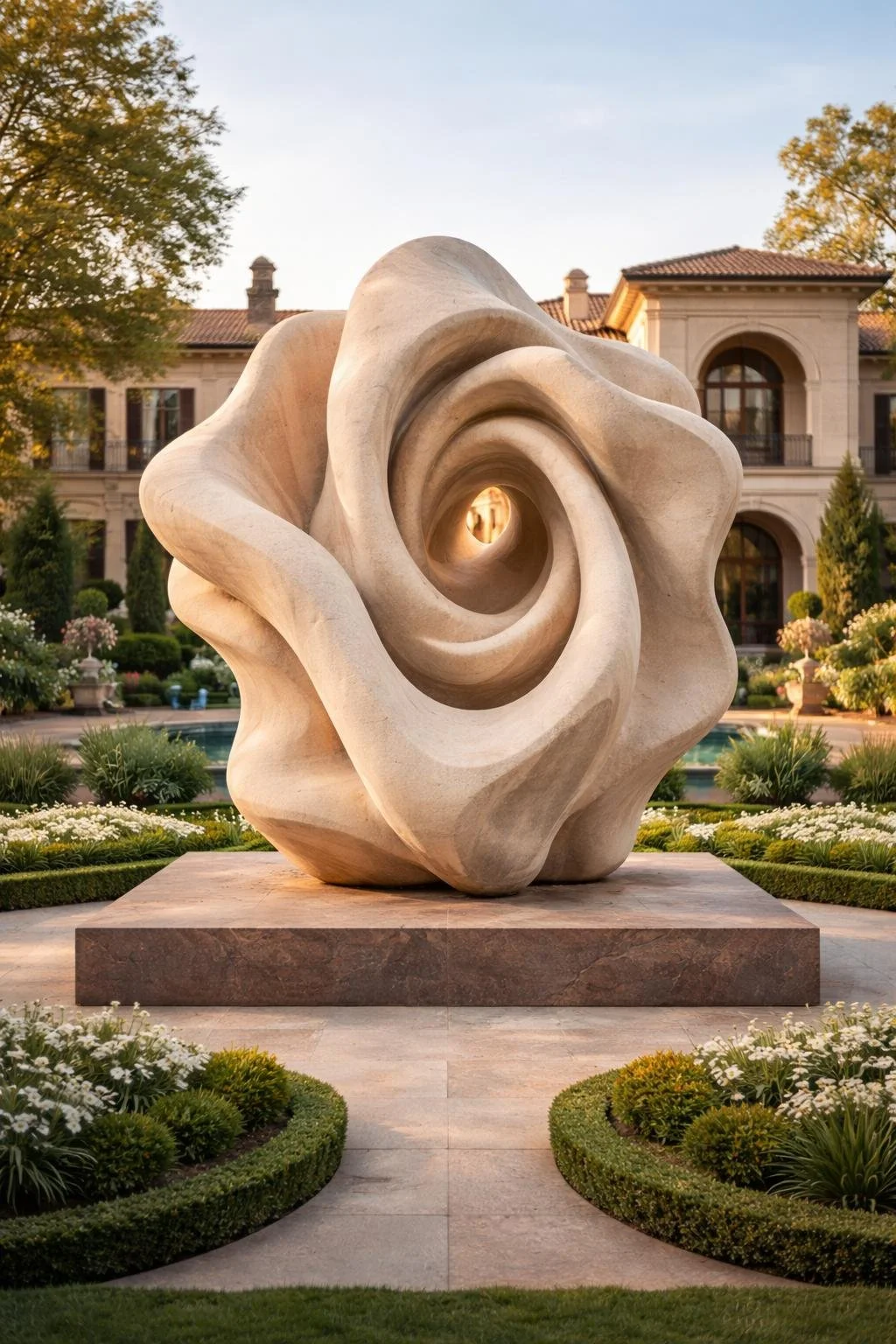Monumental organic floral stone-carved outdoor sculpture. Solaro Art Collection