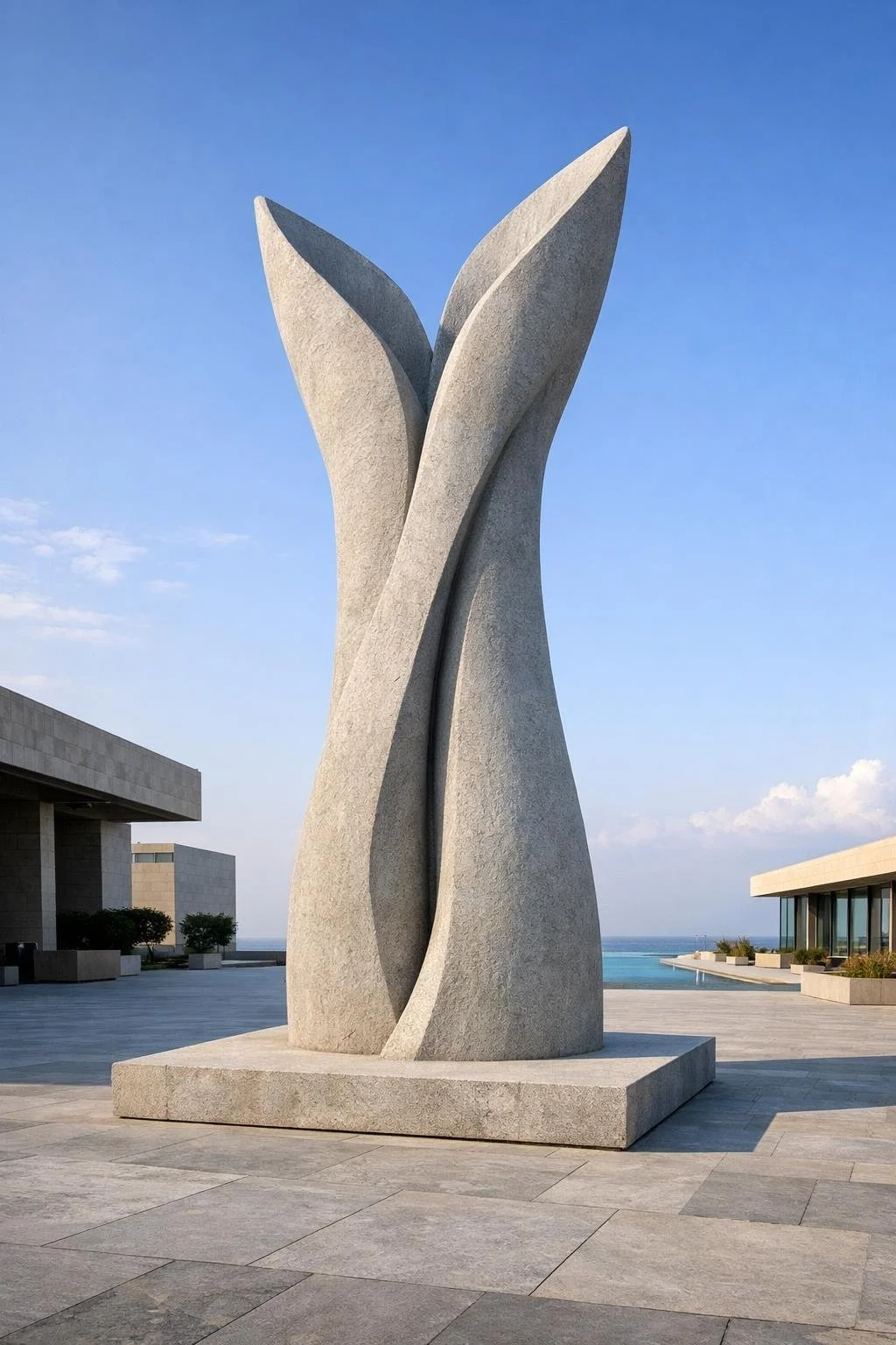 Modern abstract stone sculpture resembling a flower or plant on a plaza near the ocean, with a clear blue sky overhead.