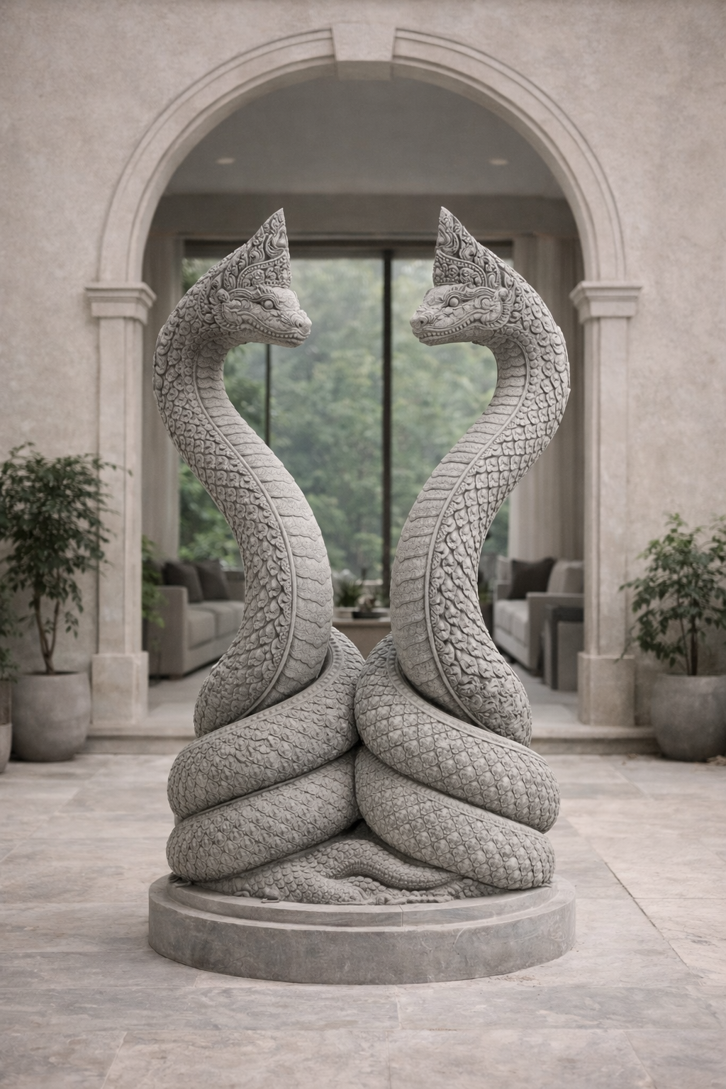 Two stone sculptures of intertwined snakes with dragon-like heads facing each other, set in a grand interior space with arched doorway, large window, and potted plants. Large sculpture, unique piece, made to order. Solaro Art Collection.