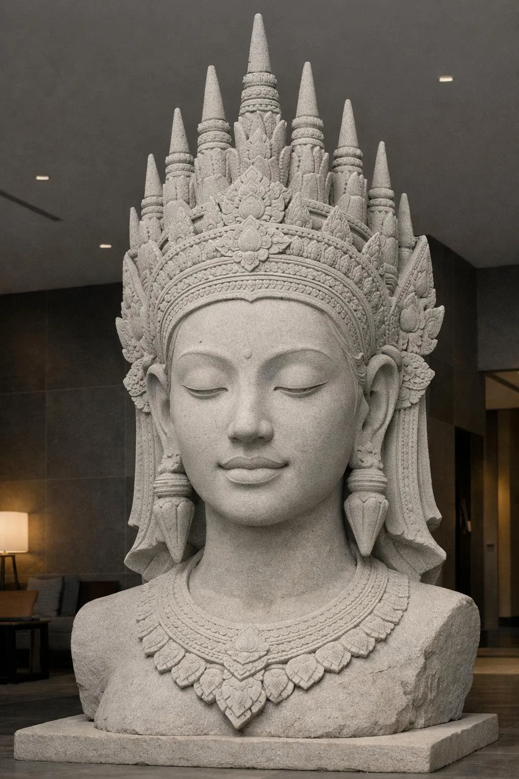 Custom monumental divine bust sculpture, large-scale stone artwork with serene feminine expression and contemporary interpretation. Ideal for luxury lobby or other architectural integrations. By Solaro Art Collection.