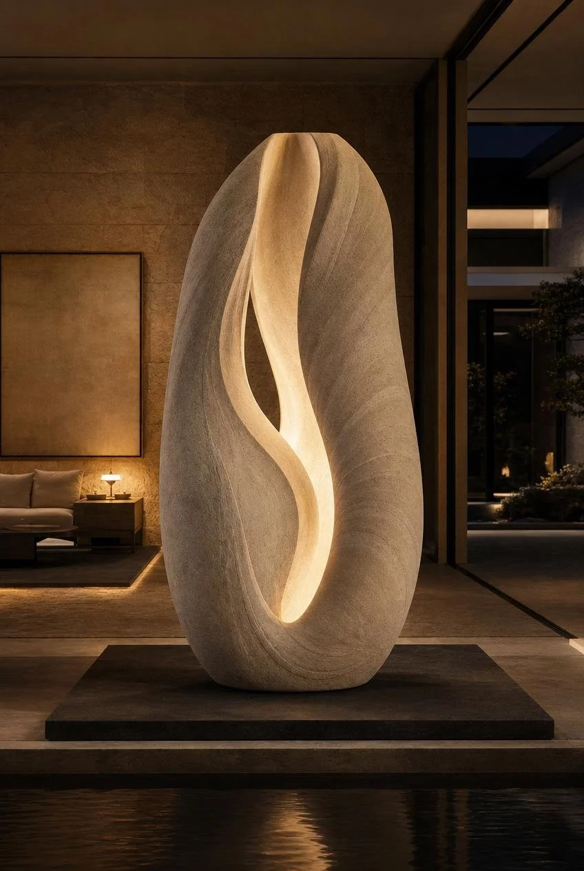 Large stone carved lamp with abstract oval shape and fluid opening