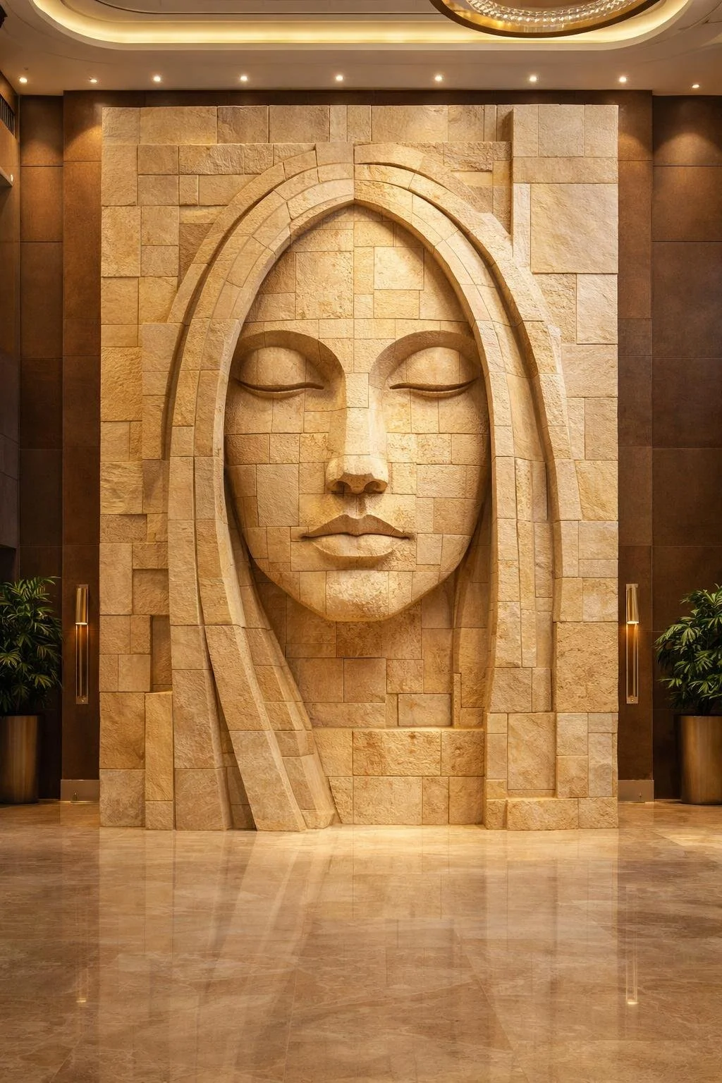 Custom Monumental Modern Face Wall Sculpture, natural yellow sandstone, singular production artwork for luxury villas or hotels. Solaro Art Collection