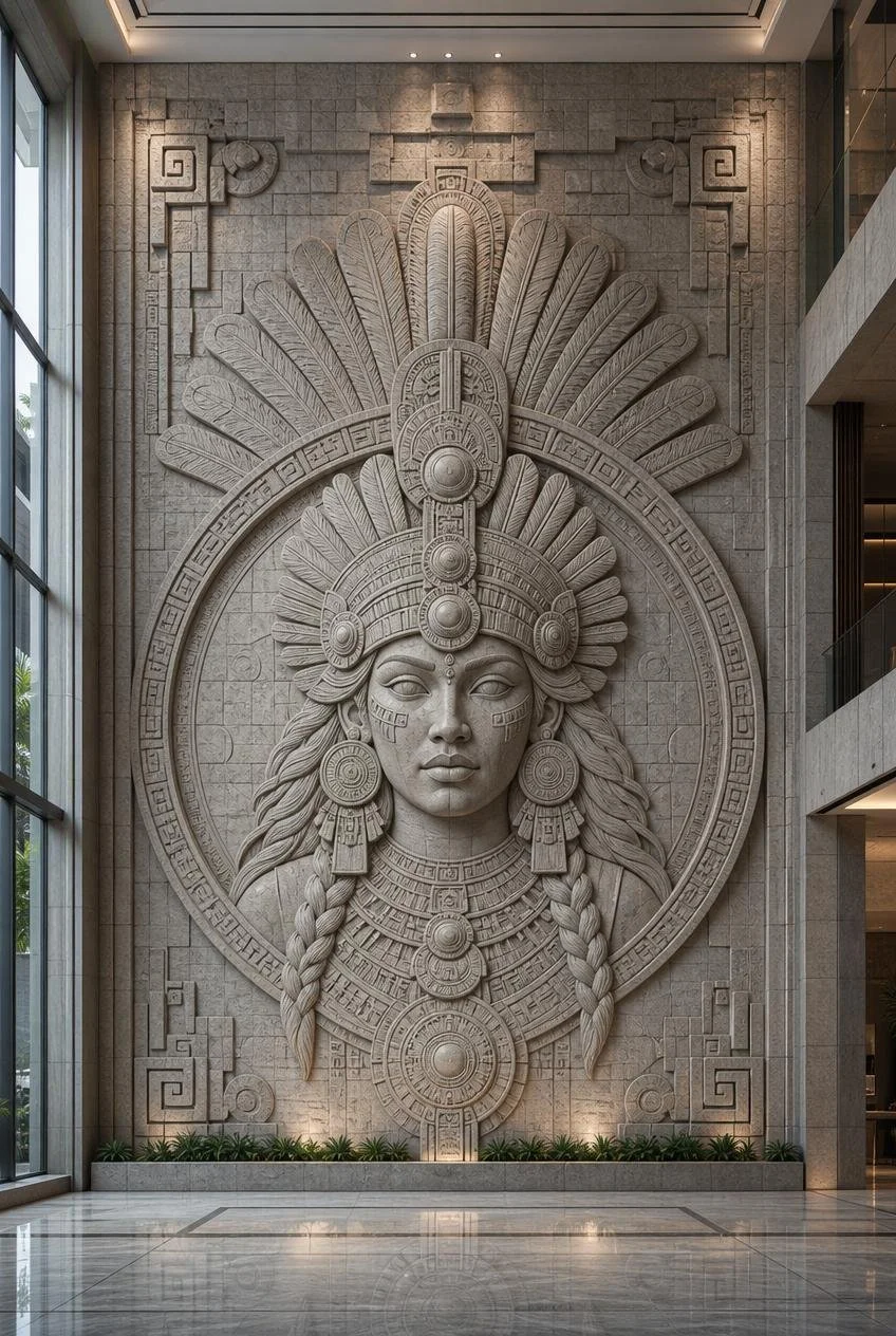Monumental Aztect Goddes Stone Carved Wall Sculpture integrated in a luxury lobby - Solaro Art Collection