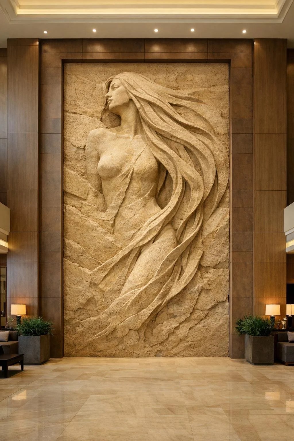 Large female silhouette emerging from the stone. Contemporary wall sculpture in yellow sandstone made to order. Solaro Art Collection
