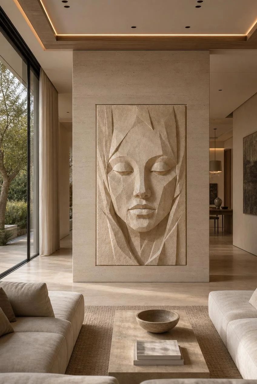 female face wall sculpture in sandstone