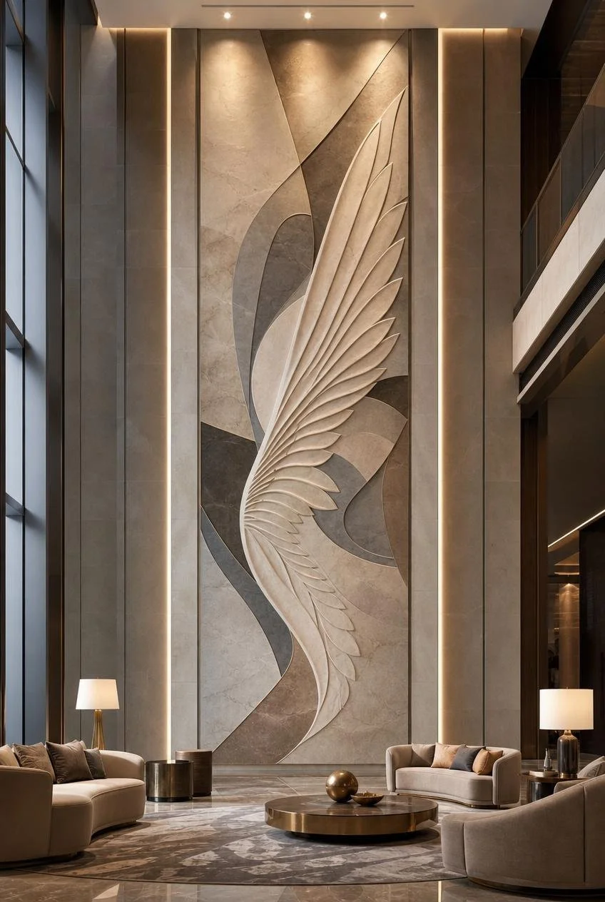 Large vertical wing wall art stone relief design inside luxury villa living