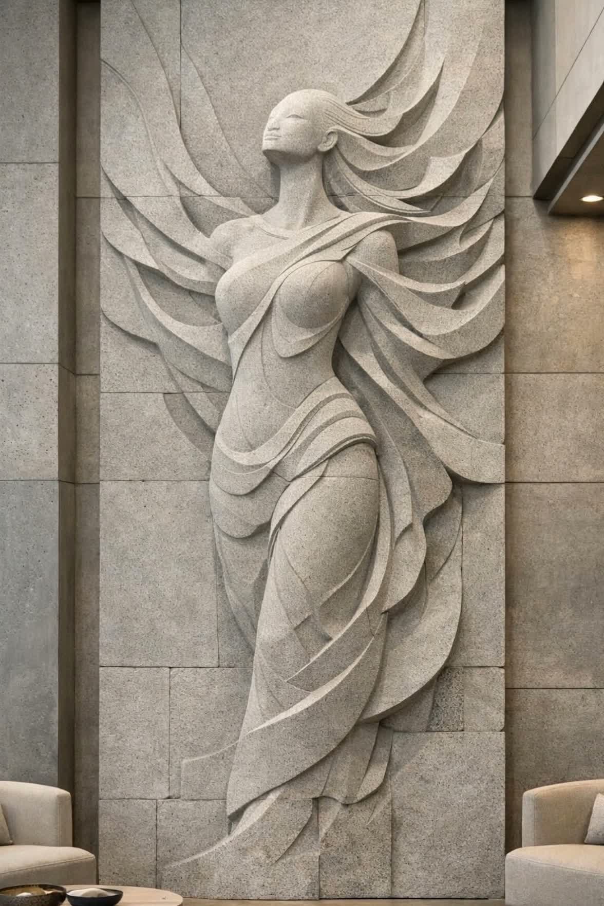 A large-scale stone relief sculpture of a woman with flowing hair and draped clothing on a wall.