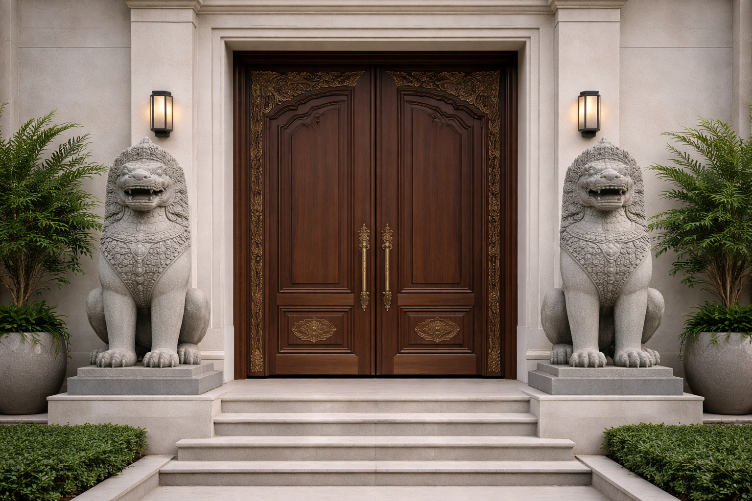 Large stone sculpture of a lion, made to order, exclusive statue by Solaro Art Collection. Digital concepts for architectural integration or mass production also available.