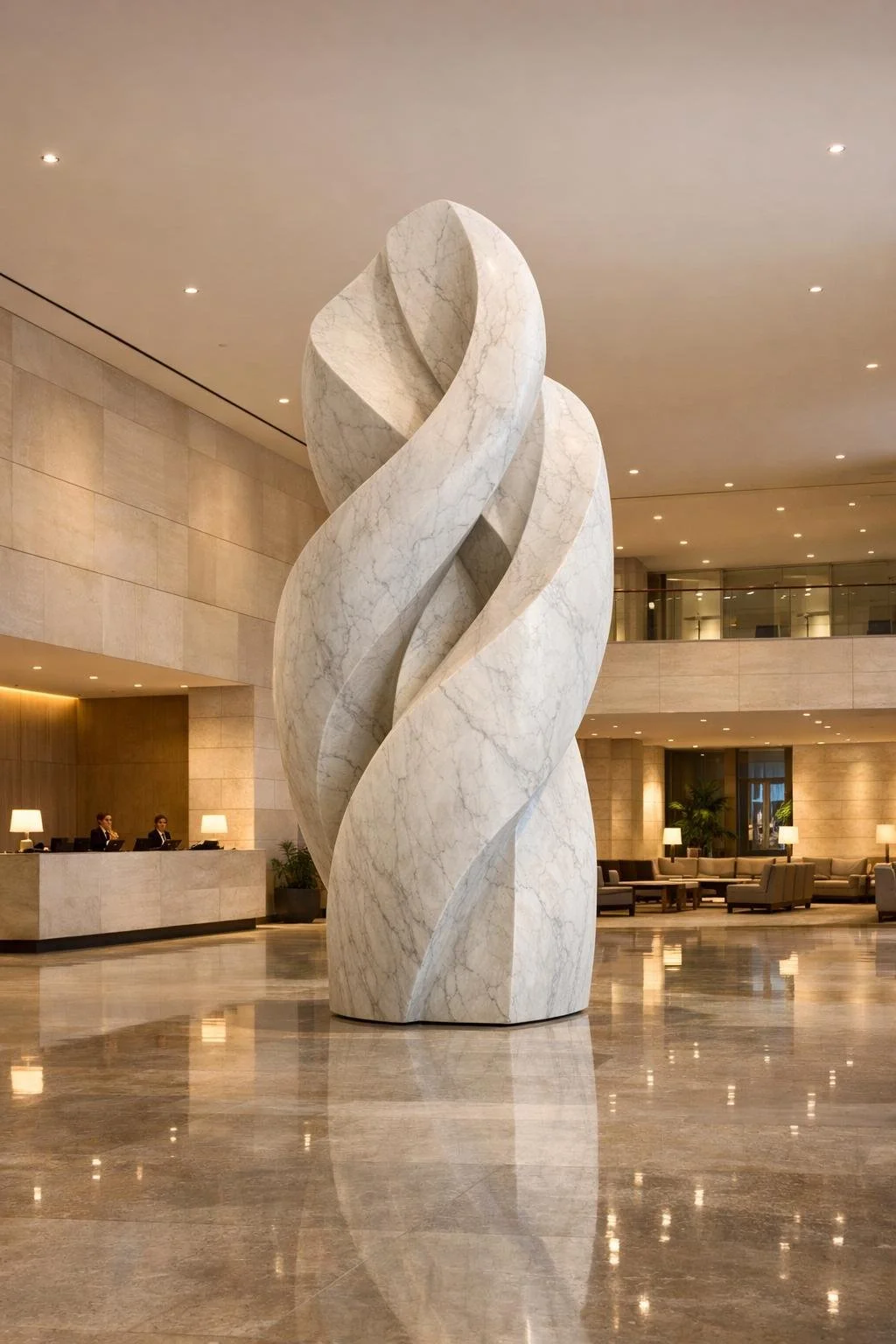 Large marble sculpture with twisting, ribbon-like forms in a hotel lobby, with reception desk and seating area in the background.