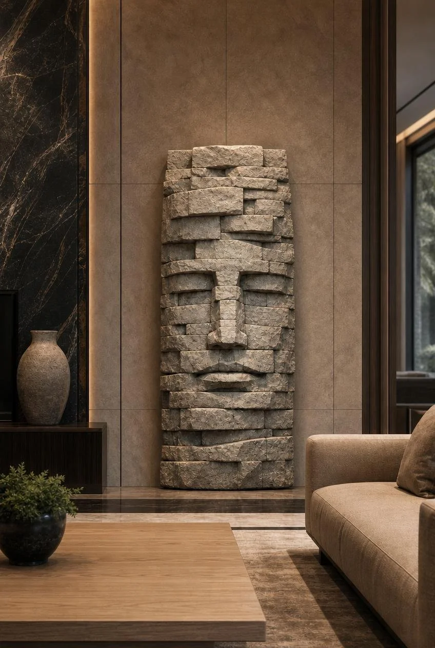 abstract stone-carved human face  wall sculpture