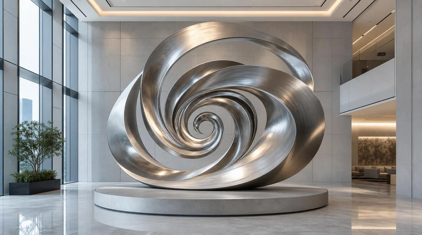 Large metal spiral sculpture for corporate entrances or lobbies. Solaro Art